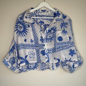 Tropical Crop Loose Fit Blouse 3/4 Sleeve